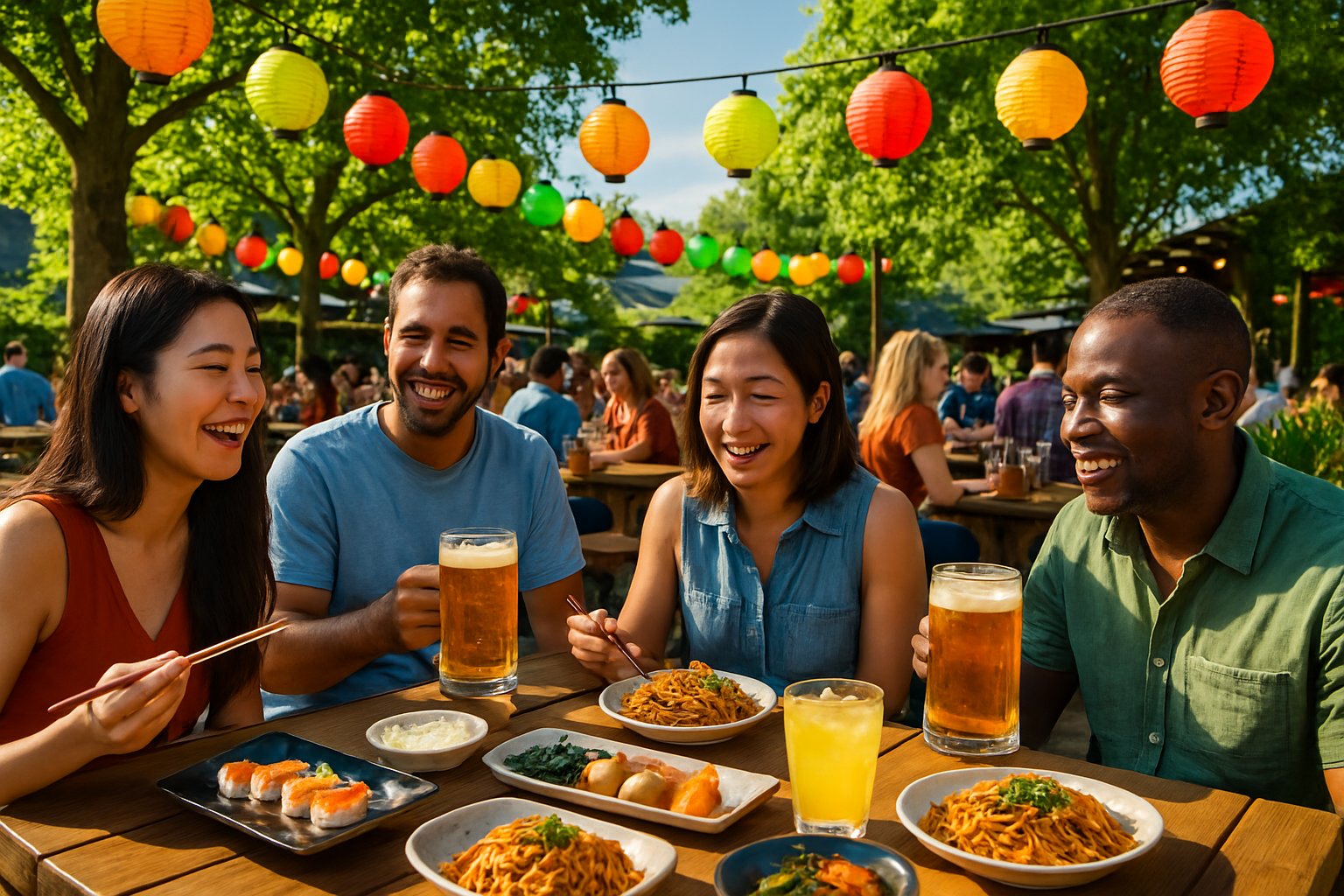 Menschen genießen an einem sonnigen Sommertag asiatisches Essen draußen im Biergarten.