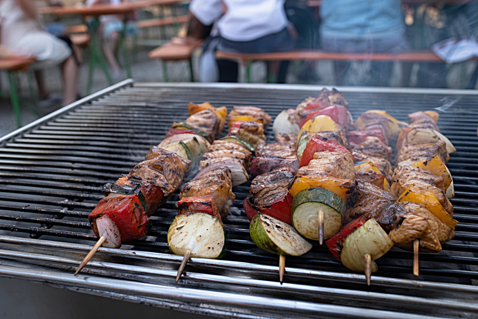 Asiatische Grillspieße mit Gemüse auf einem Grill in einem sommerlichen Biergarten