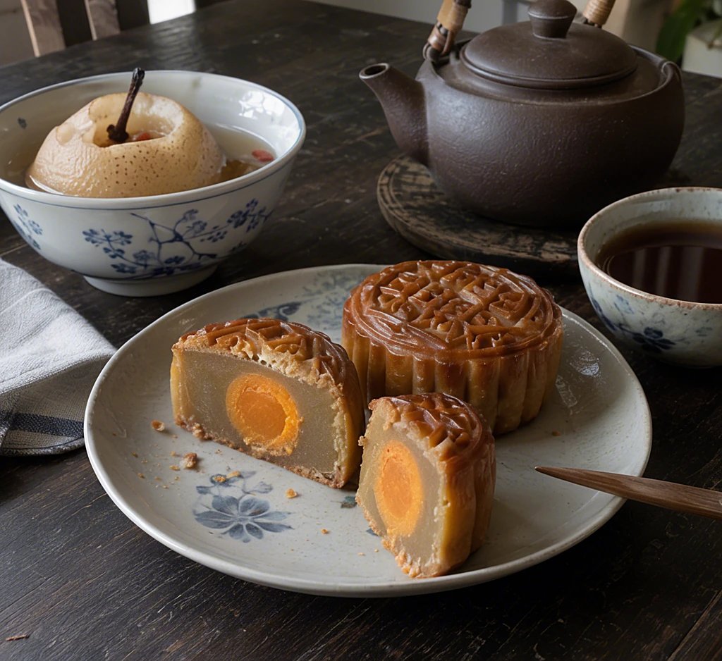 Aufgeschnittene Mondkuchen mit Lotuspaste und Eigelb neben einer gedämpften Birne und einer Teekanne